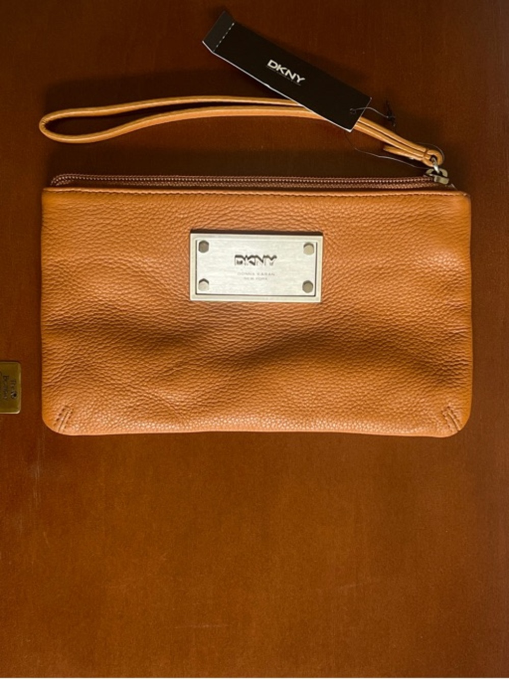 DKNY Very Soft Cognac Leather Wristlet Clutch (small scratch on lower right)